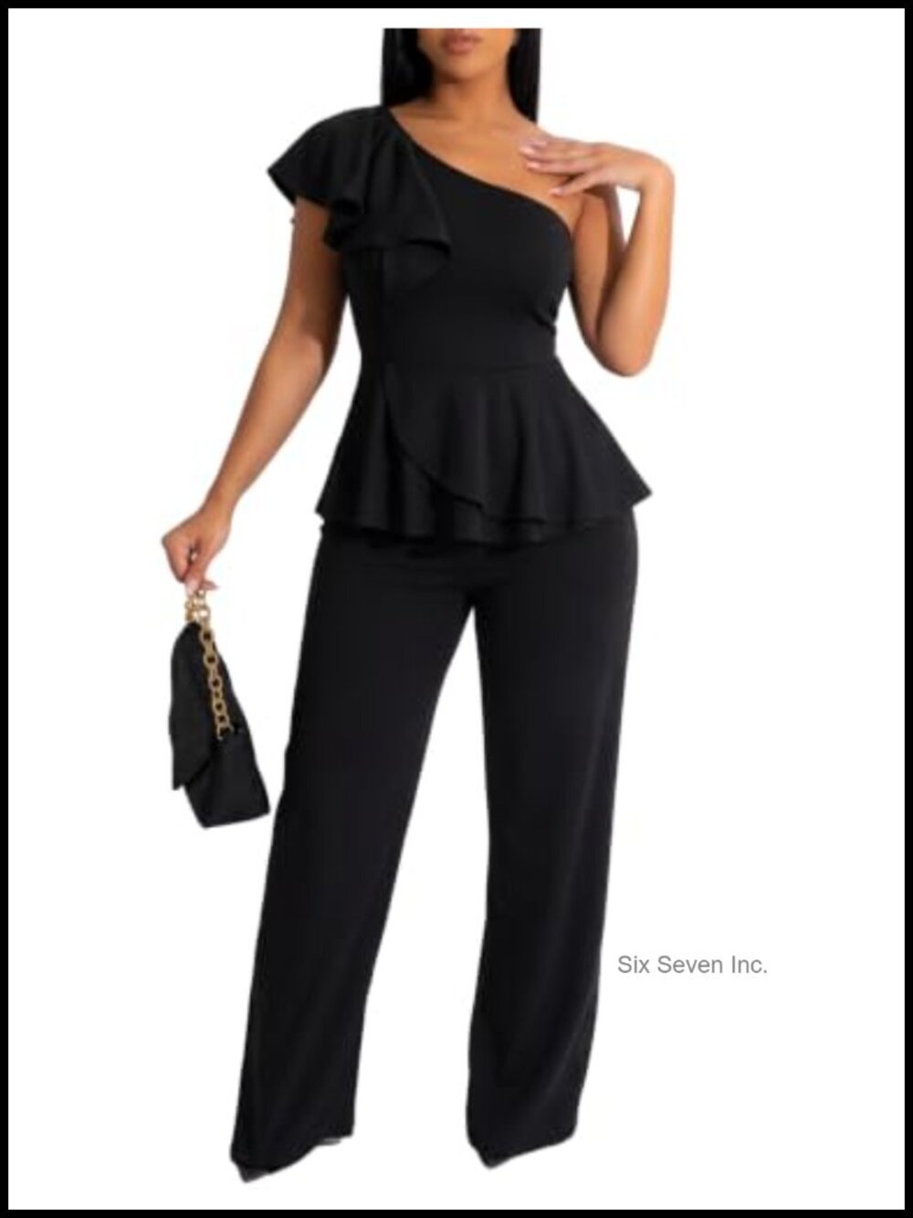 One Shoulder Ruffle Peplum Top Wide Leg Pants Two Piece Set